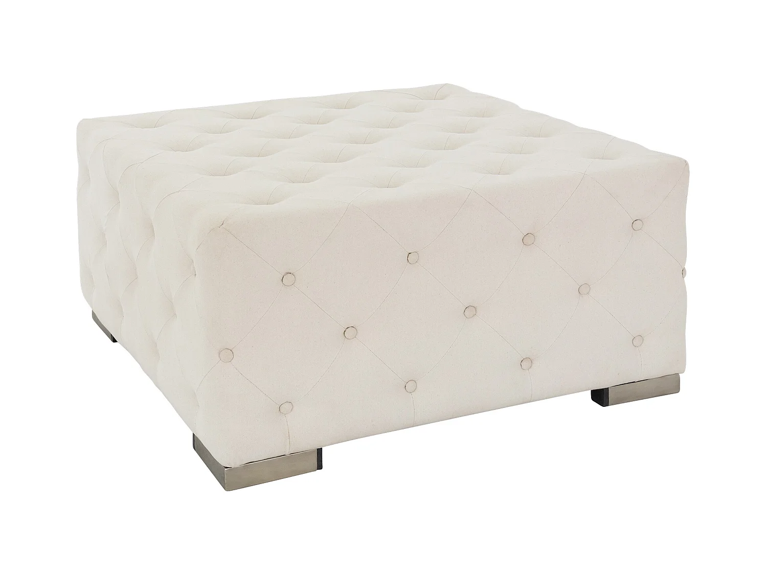 Pouf XXL 90x45x90 cm carré crème lin avec pieds métalliques fixation par boutons ottomane de canapé repose-pieds tabouret bas siège cube d’assise