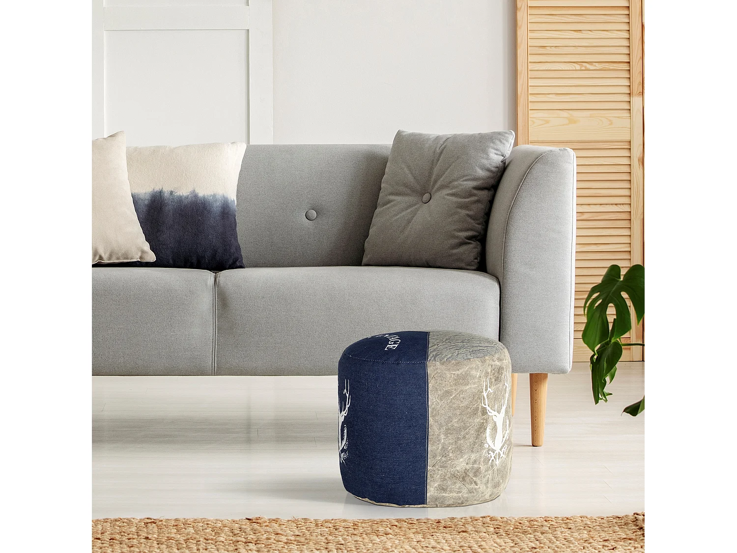 WOMO-DESIGN Pouf poggiapiedi Jacksonville 35x43cm beige-blu, fatto a mano, puff in jeans, sedile da divano, sgabello ottomano per salotto e sooggiorno