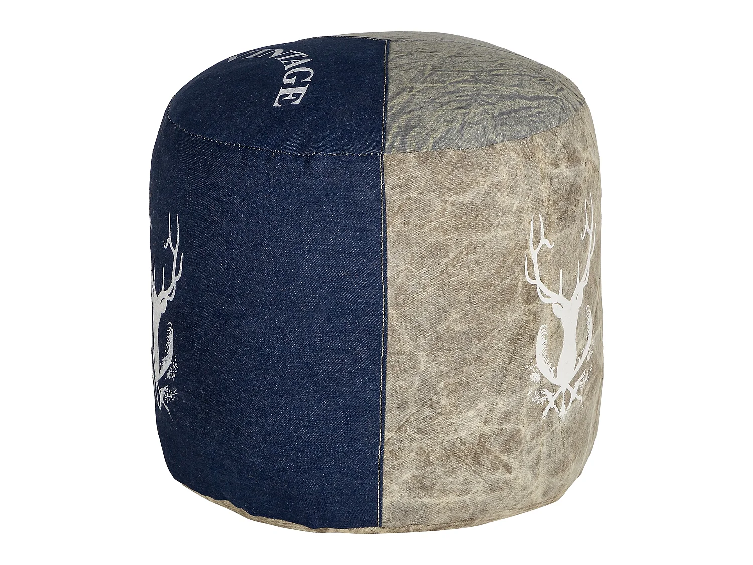 Pouf rond Jacksonville Ø35x43 cm naturel bleu artisanal en toile de voile et jean rembourrage en coton coussin de sol repose-pieds siège salon vintage