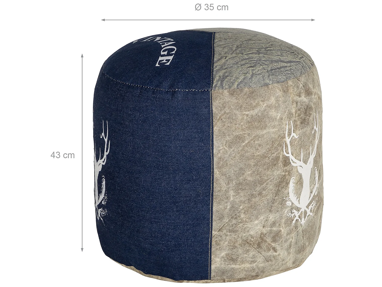 WOMO-DESIGN Pouf poggiapiedi Jacksonville 35x43cm beige-blu, fatto a mano, puff in jeans, sedile da divano, sgabello ottomano per salotto e sooggiorno