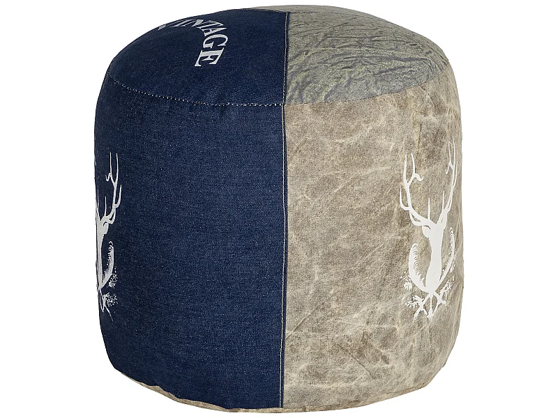 WOMO-DESIGN Pouf poggiapiedi Jacksonville 35x43cm beige-blu, fatto a mano, puff in jeans, sedile da divano, sgabello ottomano per salotto e sooggiorno