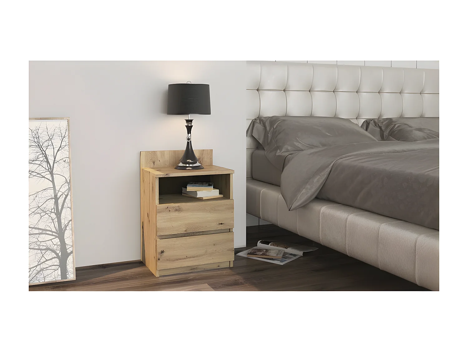ASTER T1 | Dormitorio mesita de noche/mesita de noche | Dimensiones 59x40x32 cm|Mesa auxiliar 2 cajones + balda| estilo escandinavo