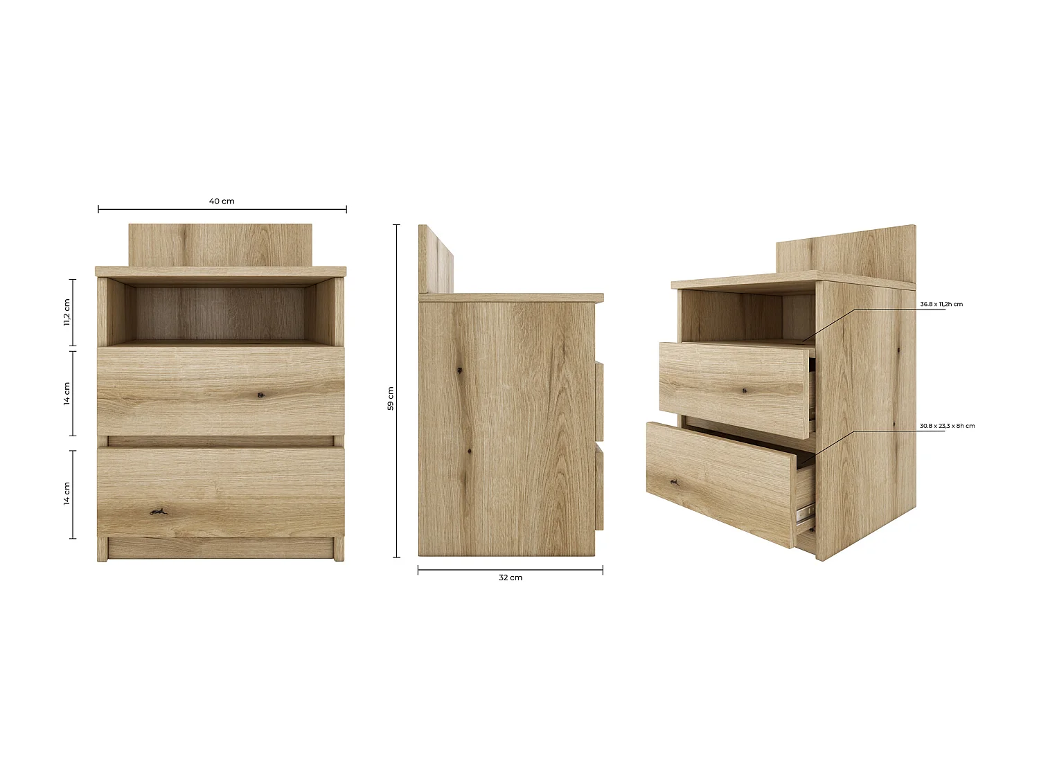 ASTER T1 | Dormitorio mesita de noche/mesita de noche | Dimensiones 59x40x32 cm|Mesa auxiliar 2 cajones + balda| estilo escandinavo