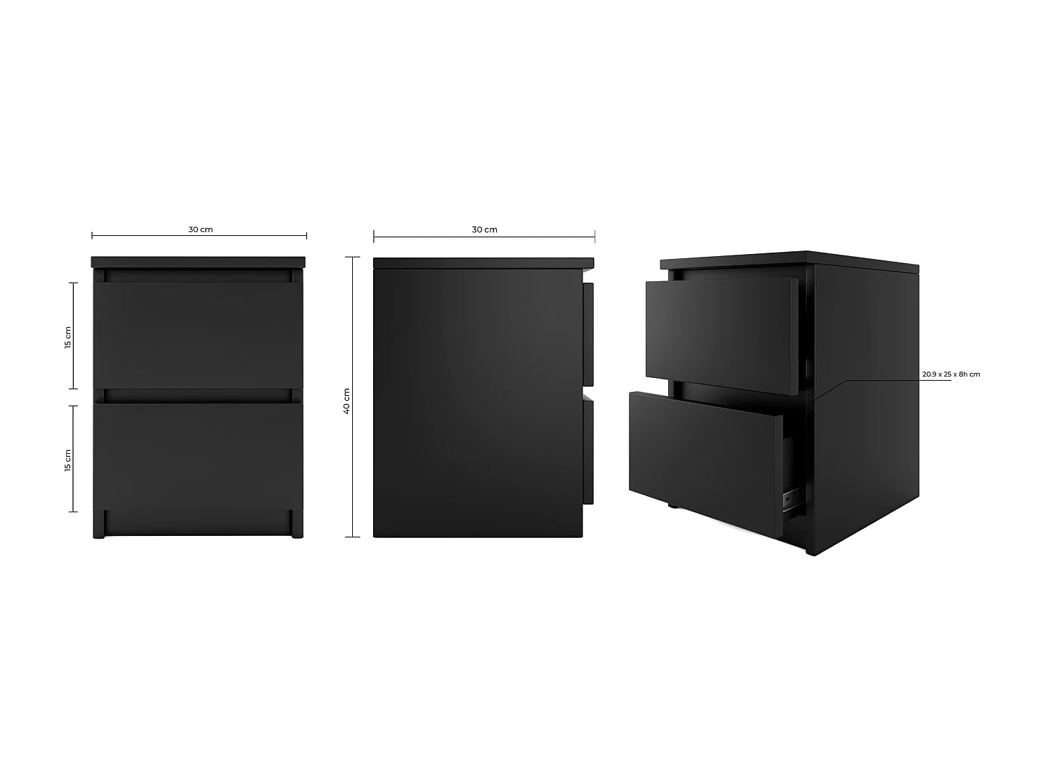 ASTER T2 - Table de chevet moderne chambre - 40x30x30 cm - Table d'appoint 2 tiroirs - Table de nuit