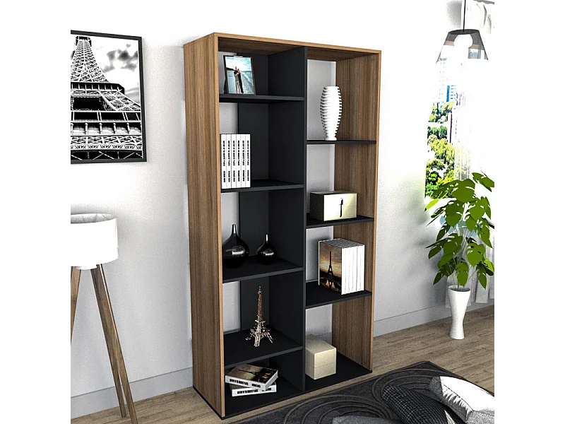 Rayonnage 9 Niches Chêne et Noir 185 cm LINEA