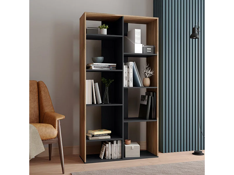 Rayonnage 9 Niches Chêne et Noir 185 cm LINEA