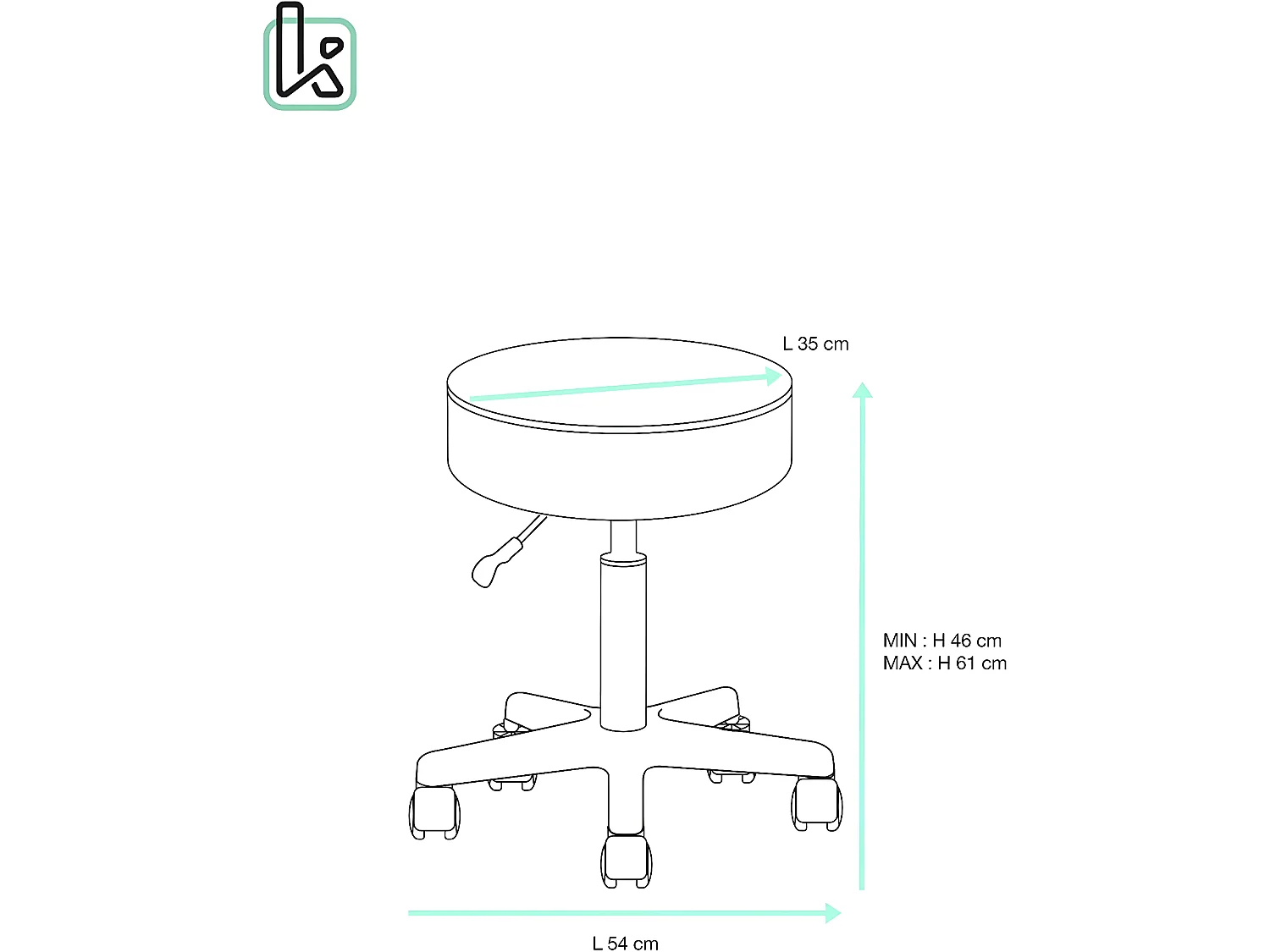 Tabouret à roulettes siège rond simili rembourré pivotant hauteur réglable YE (noir)