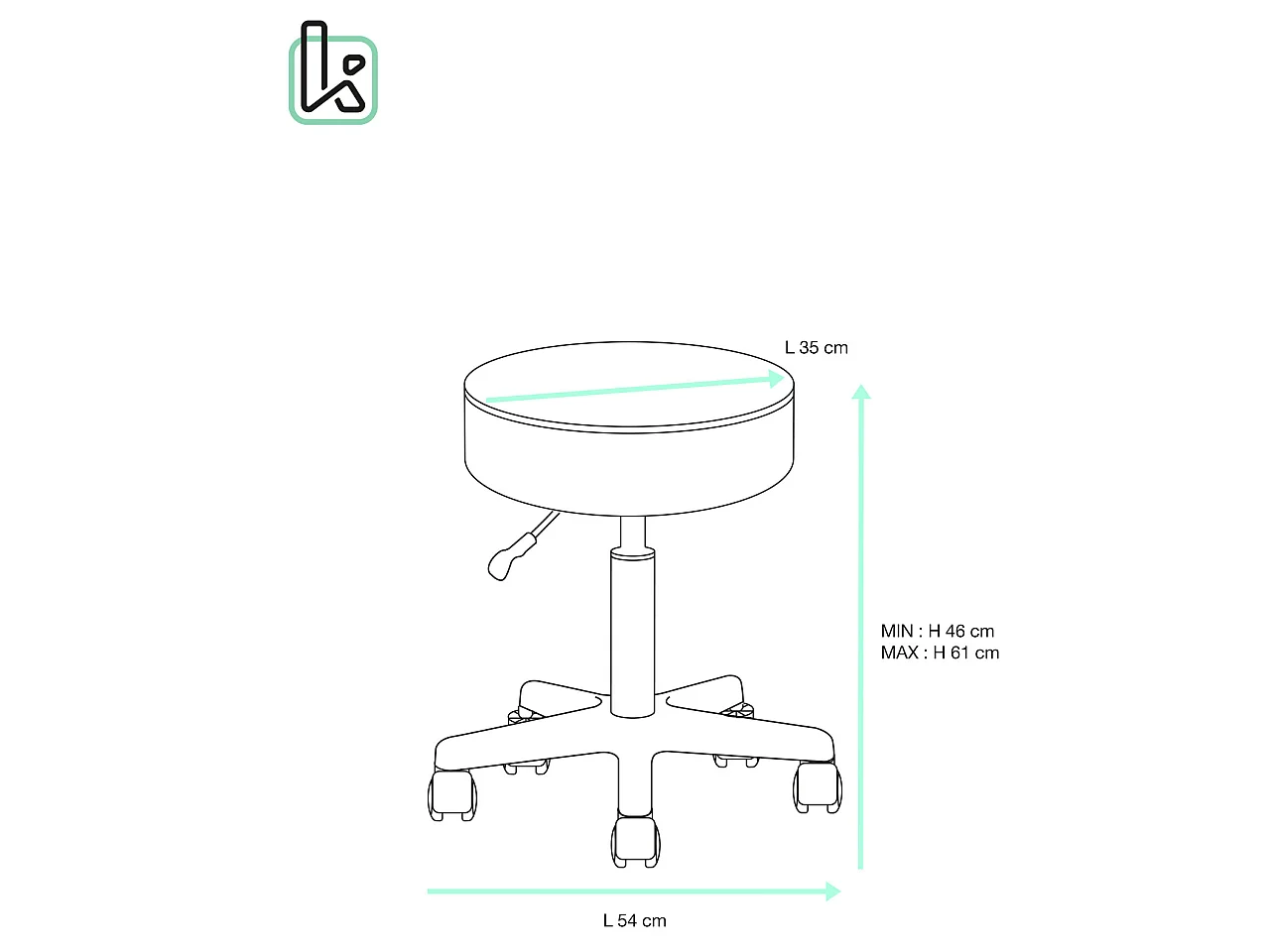 Tabouret à roulettes siège rond simili rembourré pivotant hauteur réglable YE (noir)