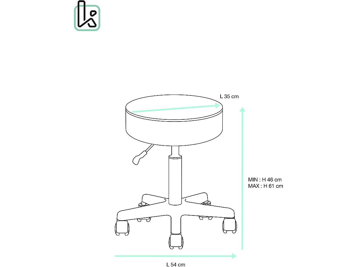 Tabouret à roulettes siège rond simili cuir rembourré pivotant hauteur réglable YÉ (tissu noir)