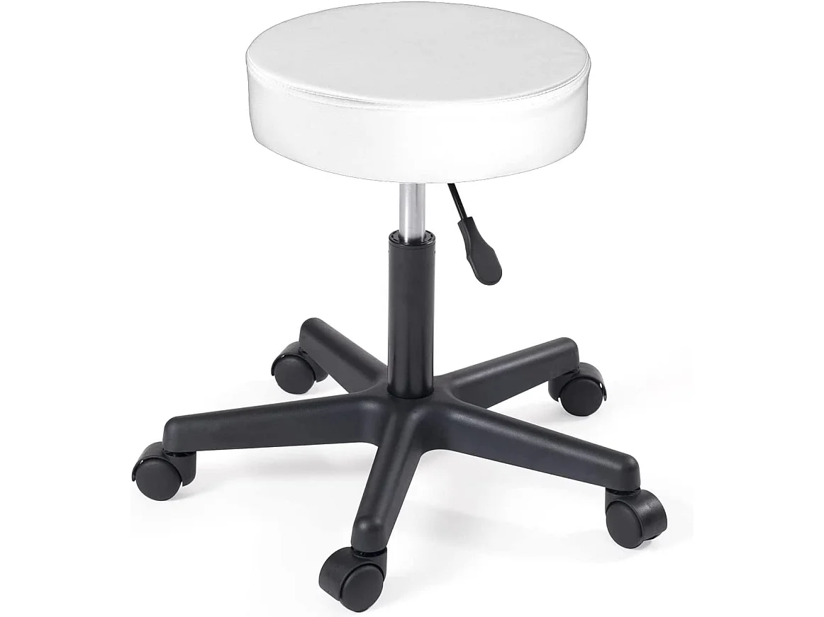 Taburete con ruedas y asiento redondo, de símil cuero acolchado con espuma de alta densidad, giratorio 360°, altura regulable YÉ (blanco y negro)
