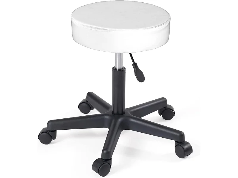 Taburete con ruedas y asiento redondo, de símil cuero acolchado con espuma de alta densidad, giratorio 360°, altura regulable YÉ (blanco y negro)