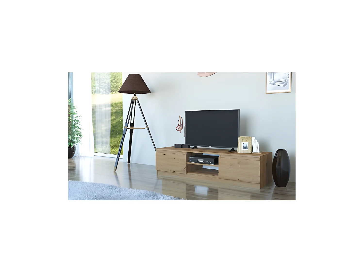 TIVOLI -  Meuble TV style moderne - 140x40x36cm - 2 niches + 2 portes - Rangement matériel télé/audio - Aspect bois