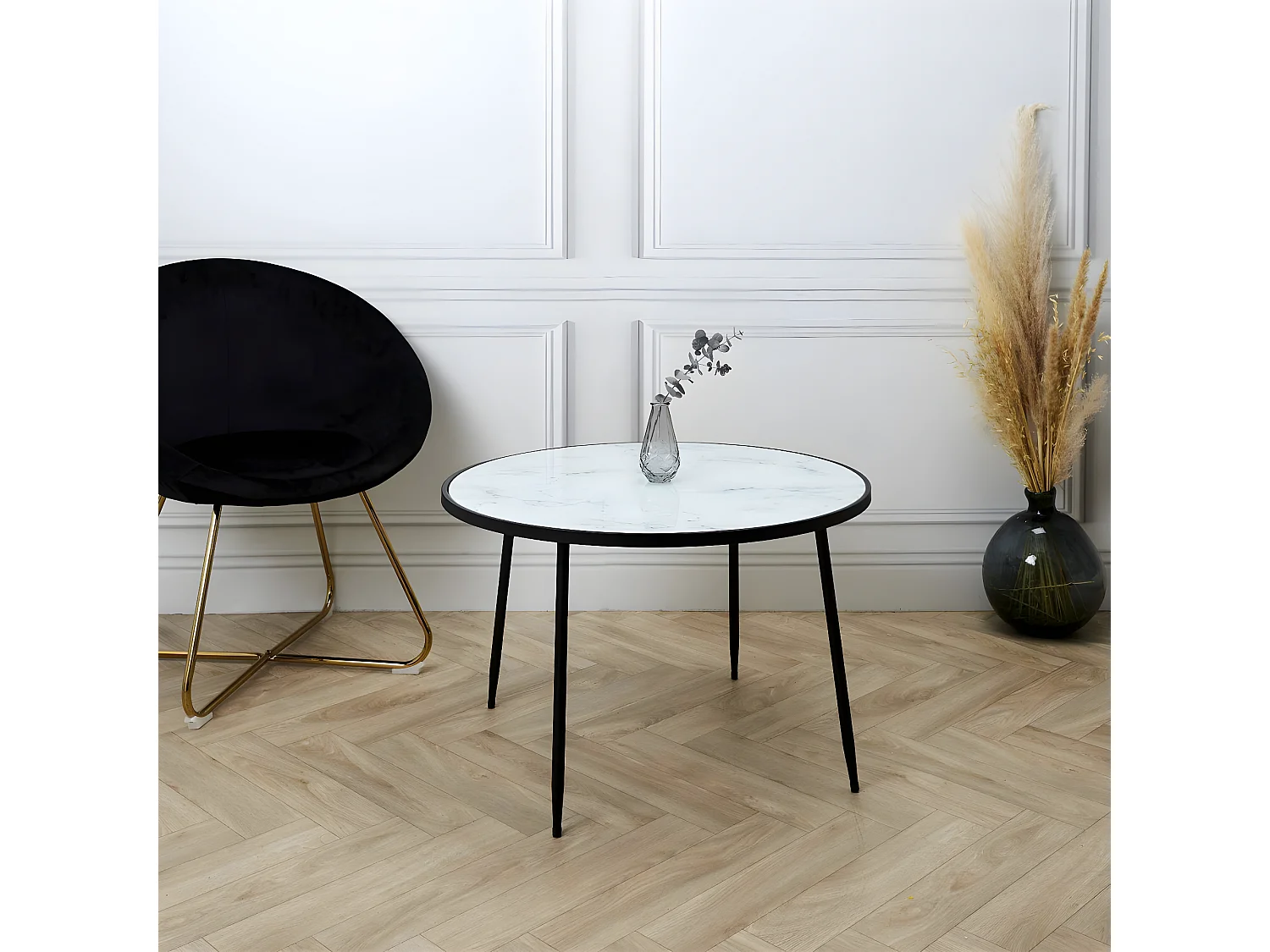 MOTSA - Table Basse Ø75cm Plateau Verre Imitation Marbre