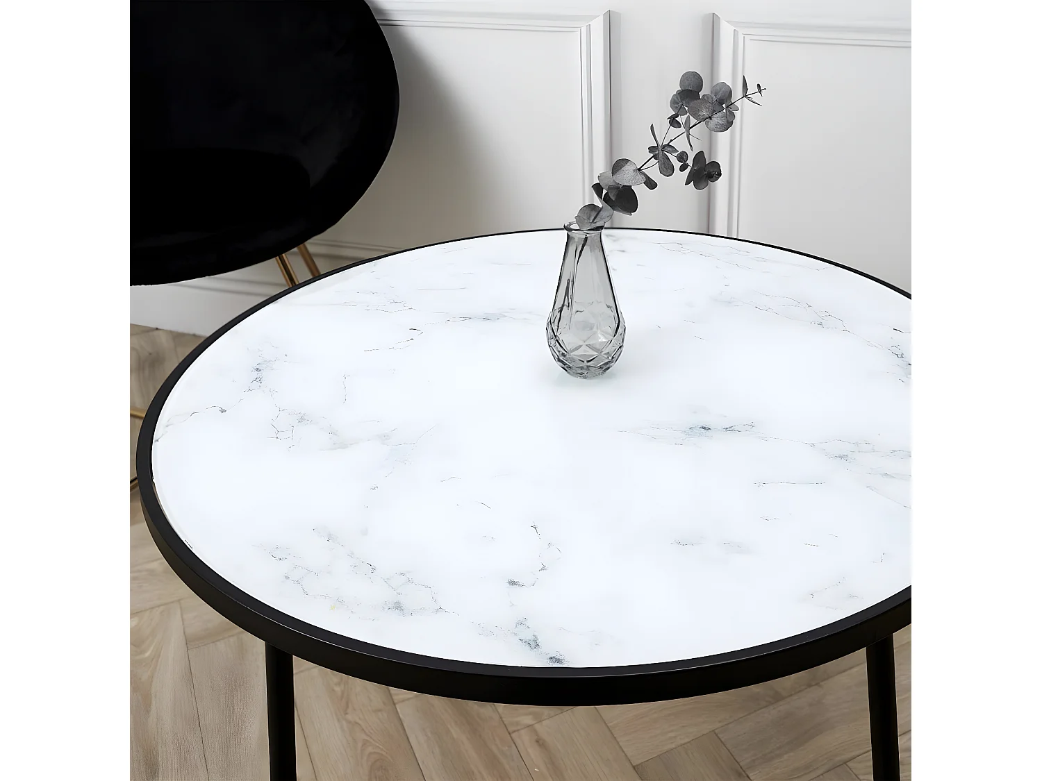 MOTSA - Table Basse Ø75cm Plateau Verre Imitation Marbre