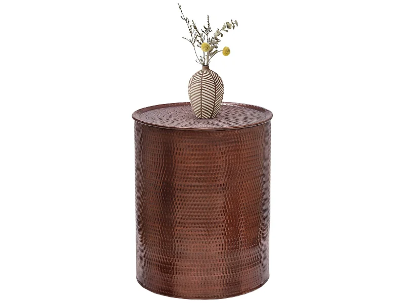 WOMO-DESIGN Mesa auxiliar lateral ø40x50 cm mesita redonda de aluminio efecto martillado color cobre con almacenaje para salón, hecha a mano