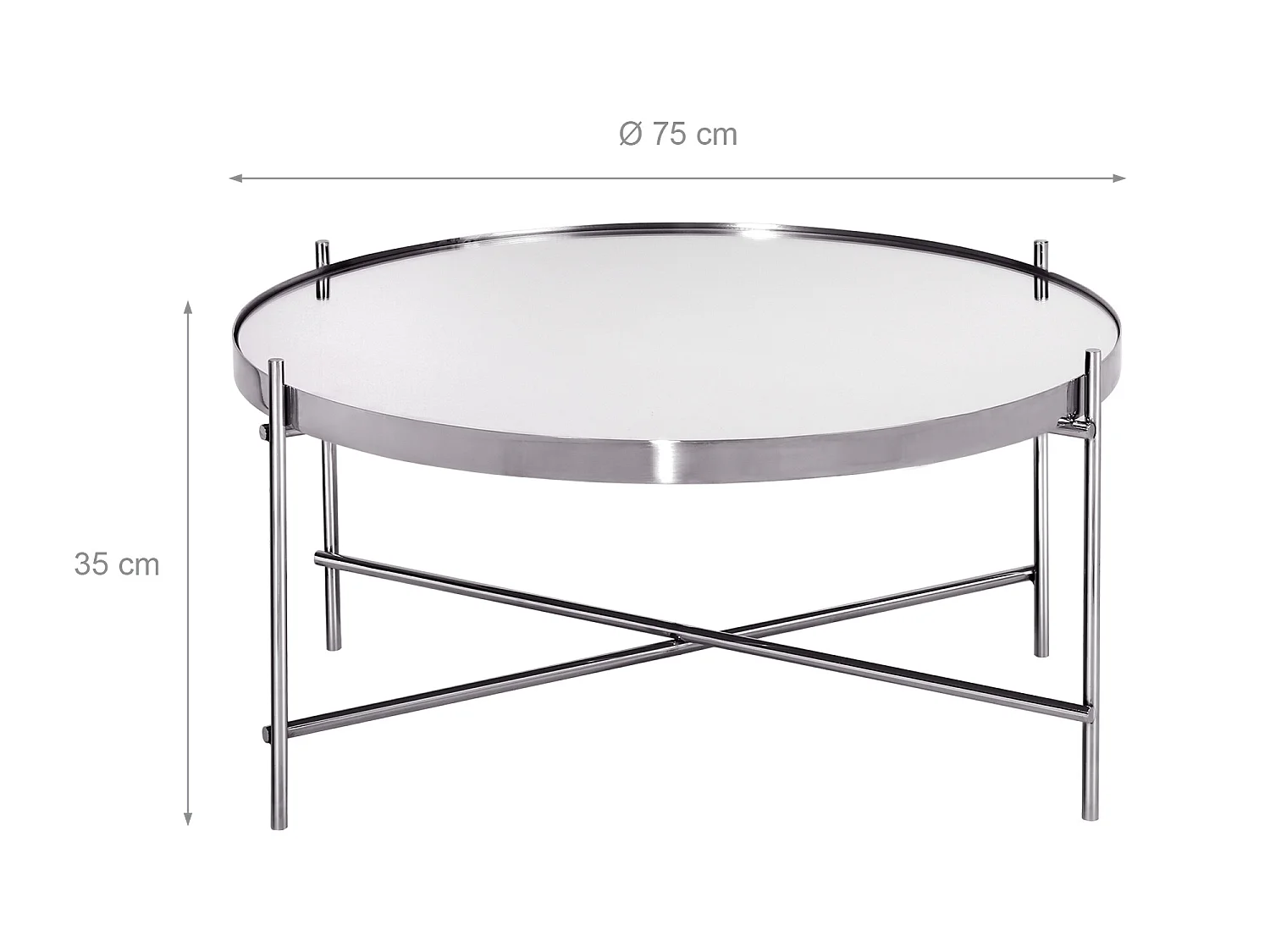 Table basse 75x35 cm argentée ronde structure métallique plateau en verre unique bout de canapé meuble d’appoint base décorative salon module lounge