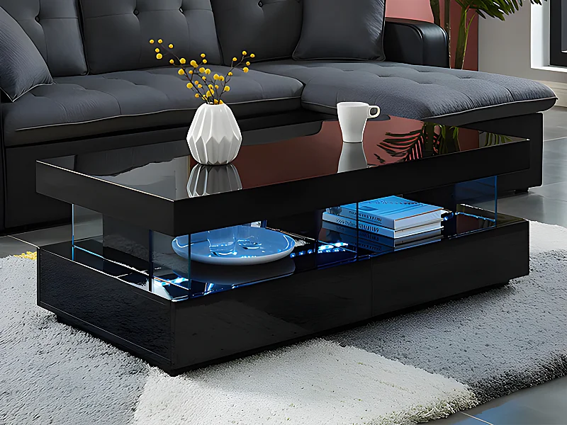 Mesa de centro - MDF lacado preto - LEDs 2 gavetas & 2 nichos - FABIO II