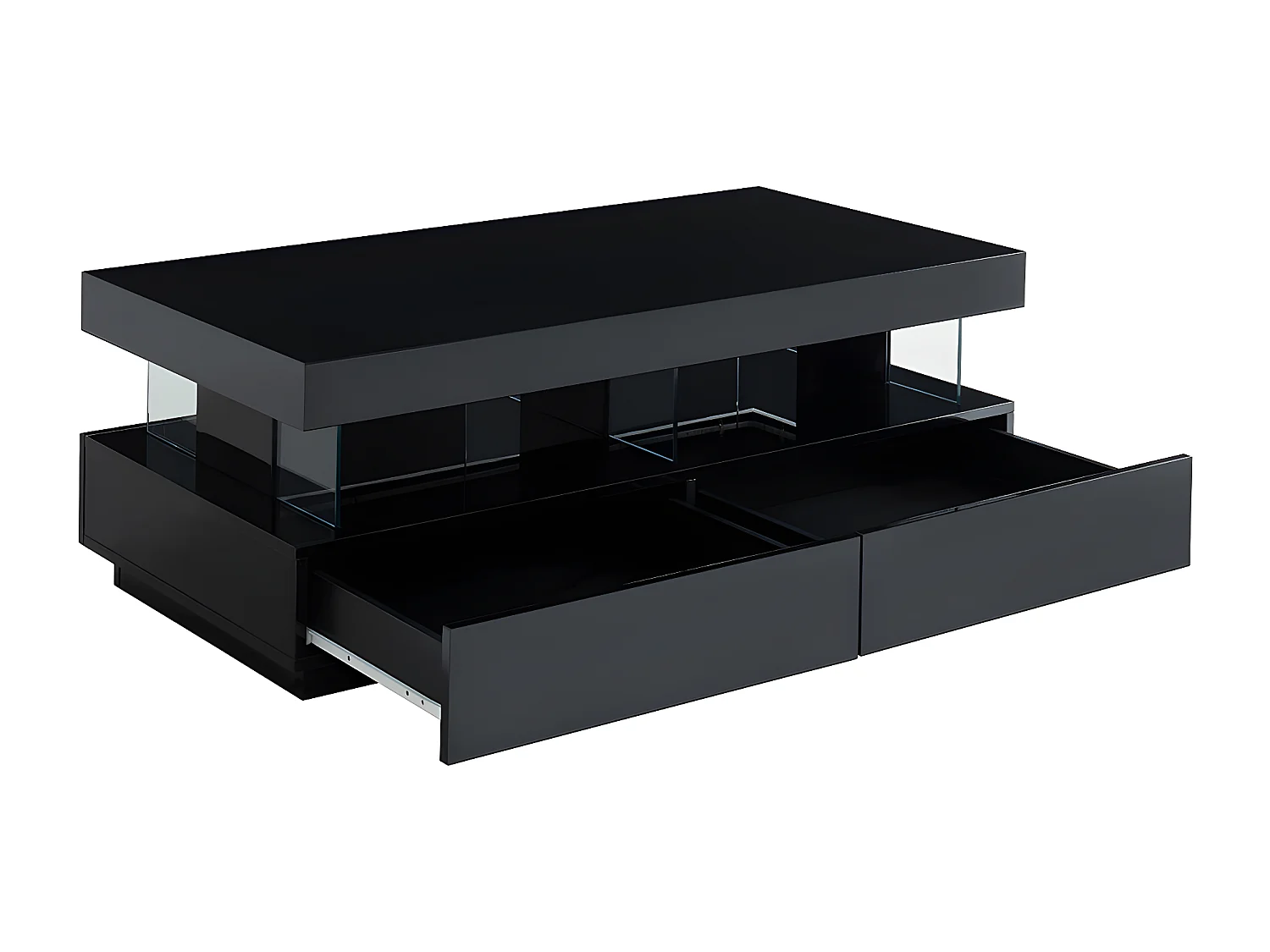 Couchtisch mit 2 Schubladen + 2  Ablagen + LEDs - MDF lackiert - Schwarz - FABIO