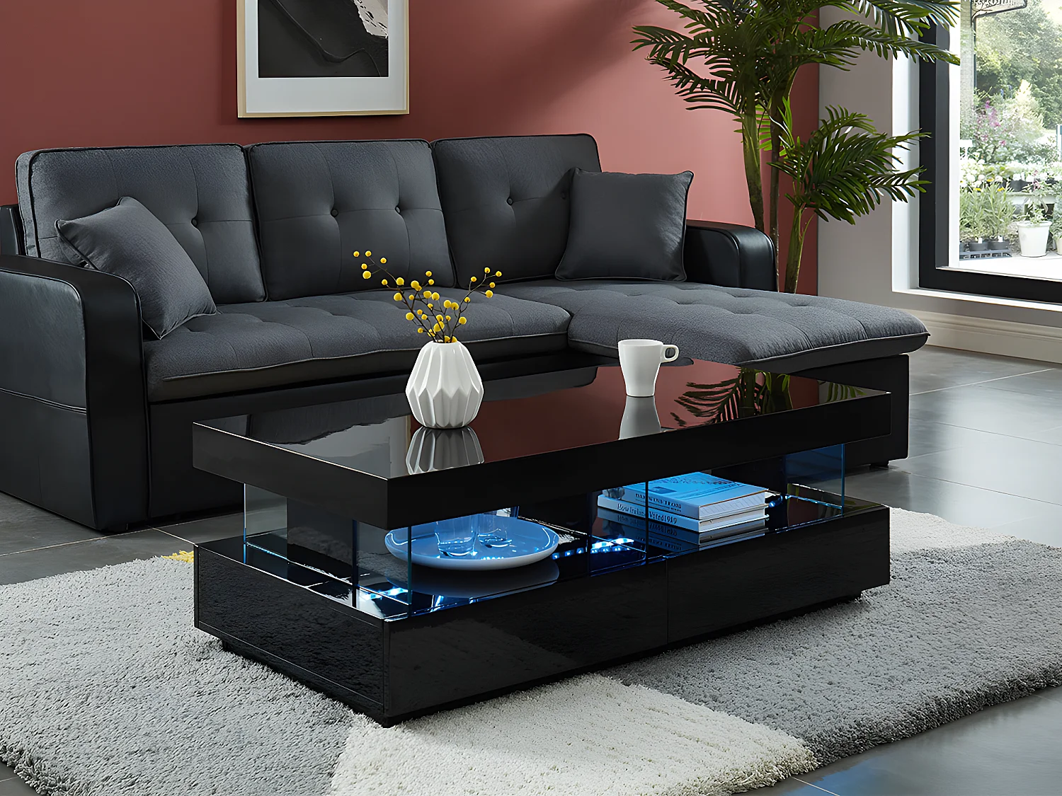 Mesa de centro - MDF lacado - LEDs - 2 cajones y 2 estantes - Negro - FABIO II