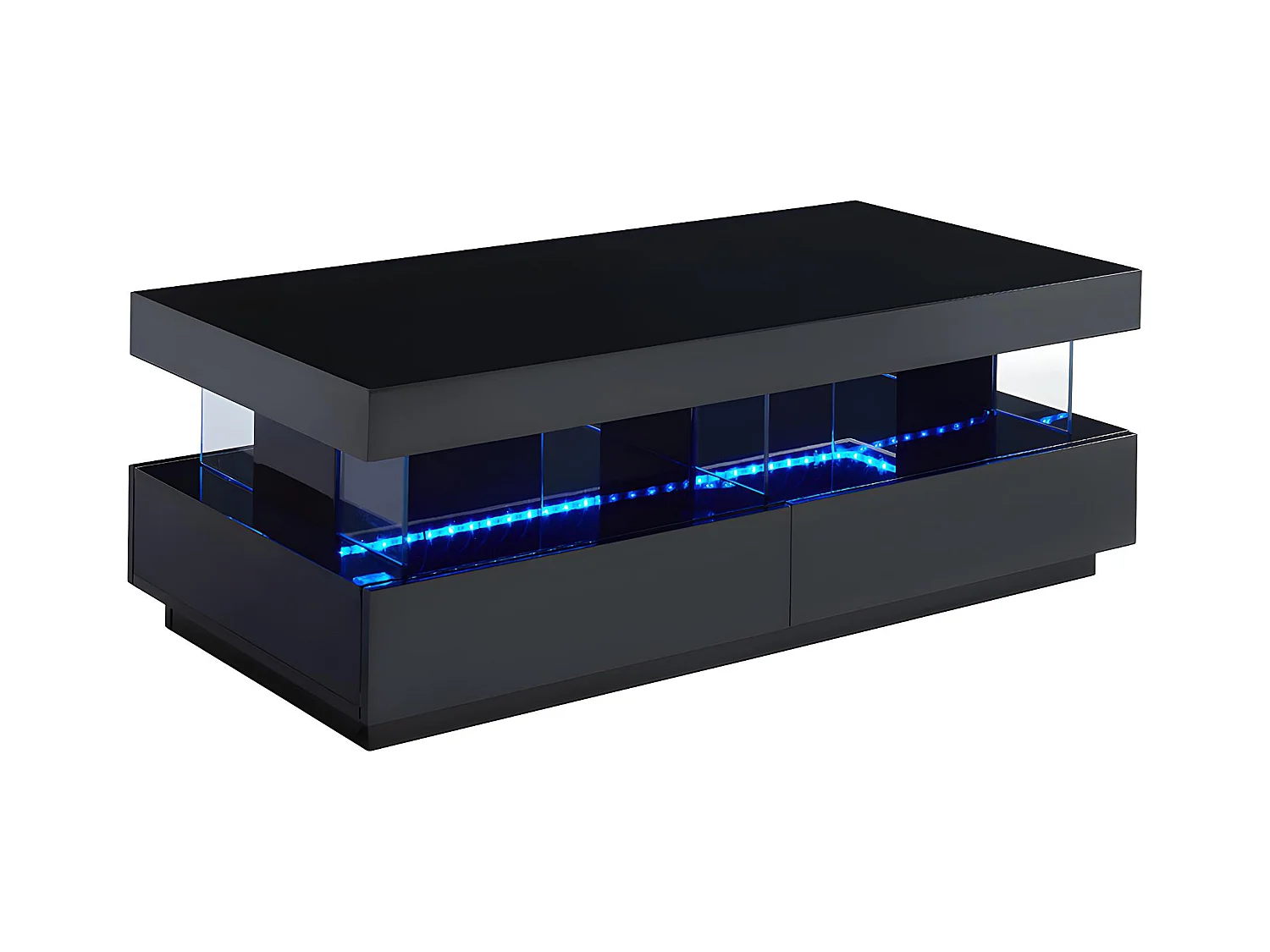 Mesa de centro - MDF lacado - LEDs - 2 cajones y 2 estantes - Negro - FABIO II