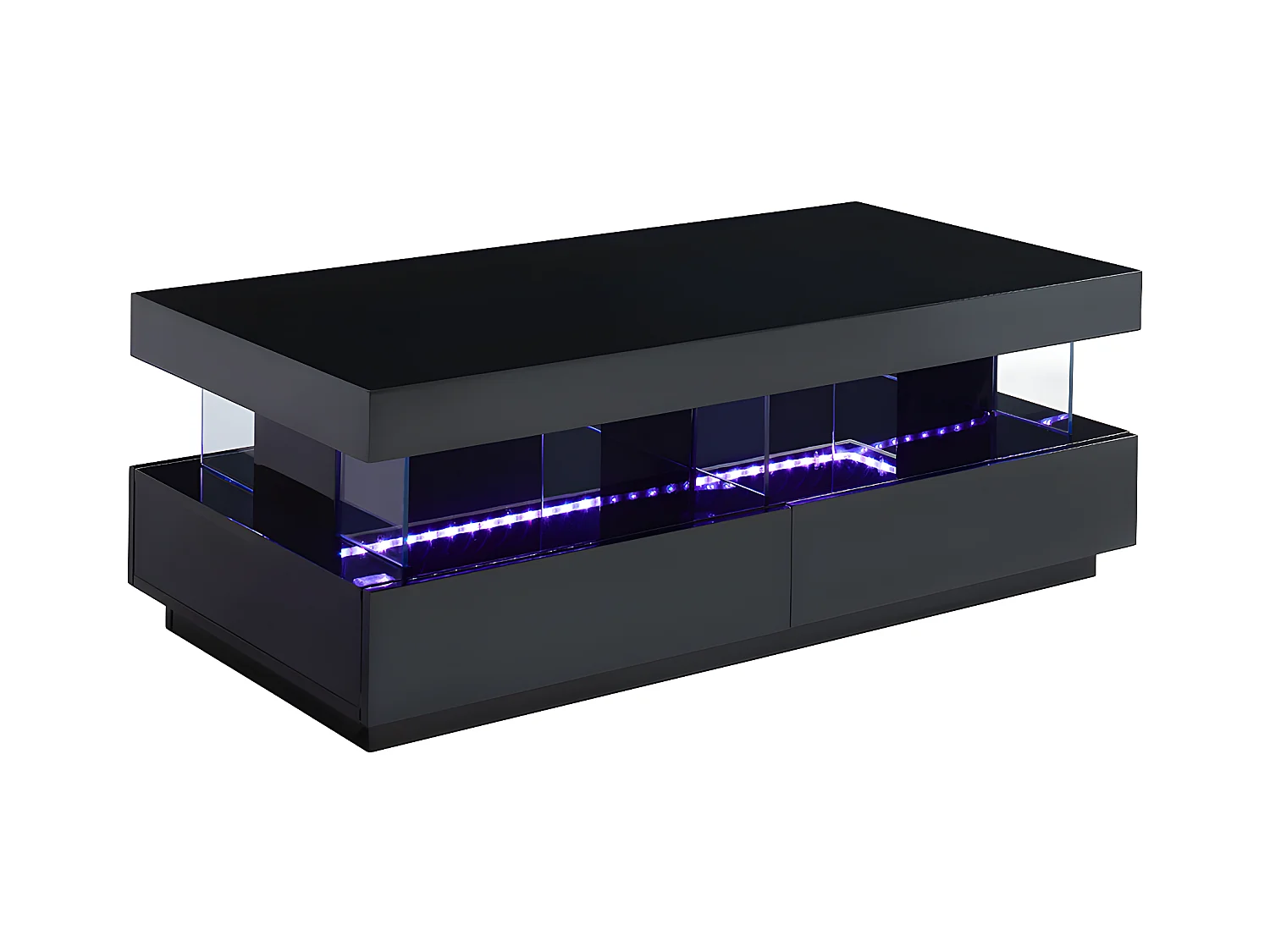 Mesa de centro - MDF lacado - LEDs - 2 cajones y 2 estantes - Negro - FABIO II