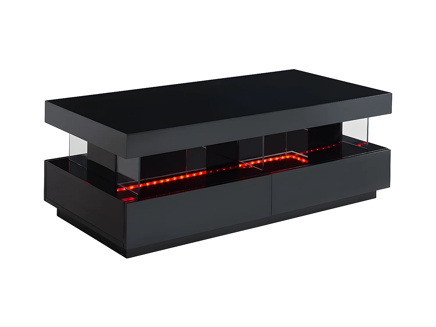 Mesa de centro - MDF lacado - LEDs - 2 cajones y 2 estantes - Negro - FABIO II
