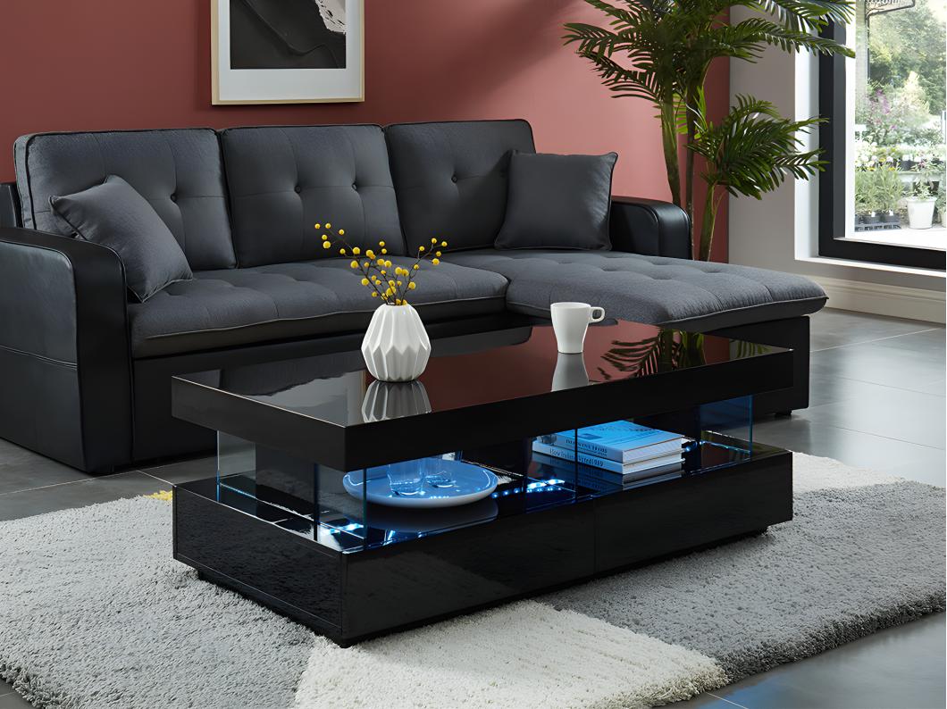 Salontafel FABIO - Zwart gelakt MDF - Met LEDs - 2 lades en 2 nissen