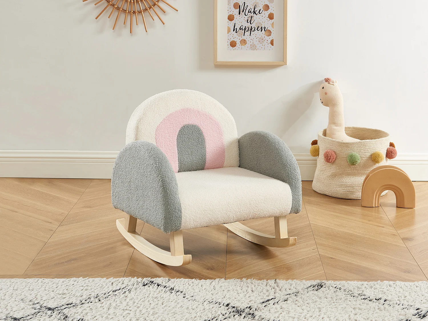 Fauteuil pour enfant à bascule en tissu bouclette crème, gris et rose ESLIDA