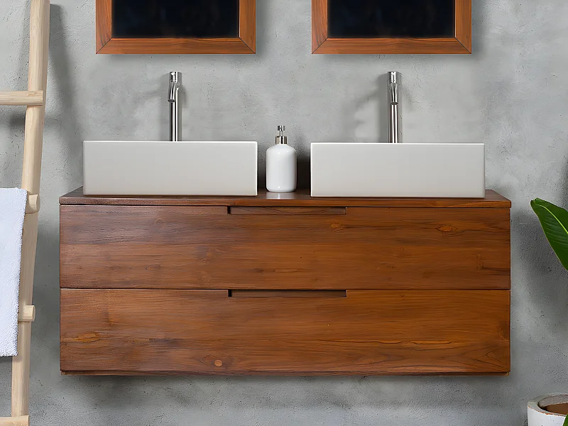 Waschbeckenunterschrank hängend mit 2 Schubladen & Doppelwaschbecken - Dunkles Teakholz - 115 cm - BIMBING