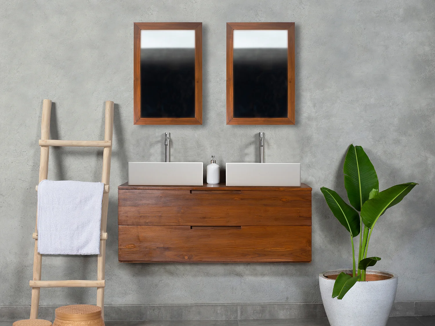 Waschbeckenunterschrank hängend mit 2 Schubladen & Doppelwaschbecken - Dunkles Teakholz - 115 cm - BIMBING
