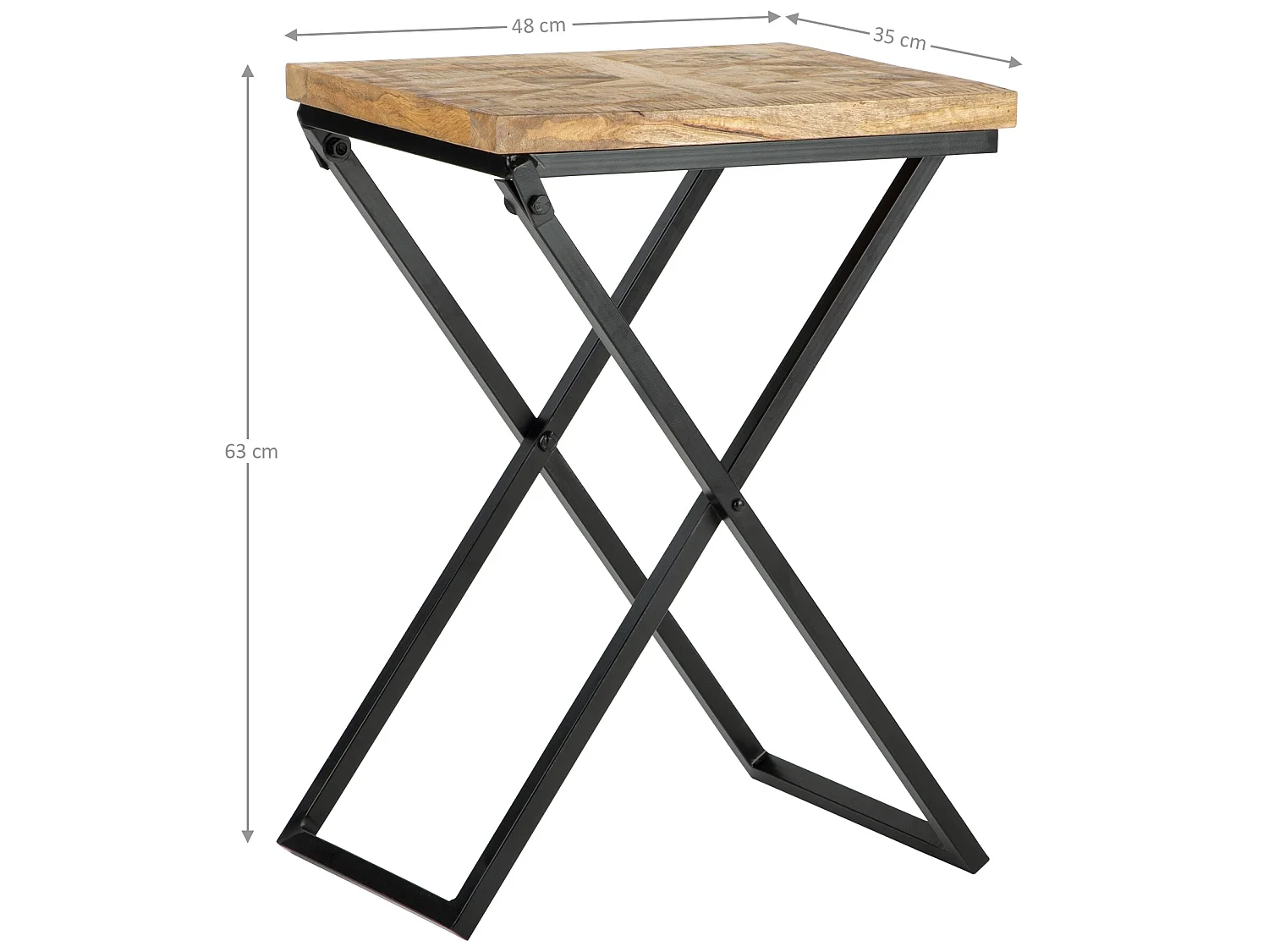 WOMO-DESIGN Mesa auxiliar lateral 48x35x63cm mesita cuadrada de madera de mango y patas de metal en X  para salón rústico industrial, hecha a mano