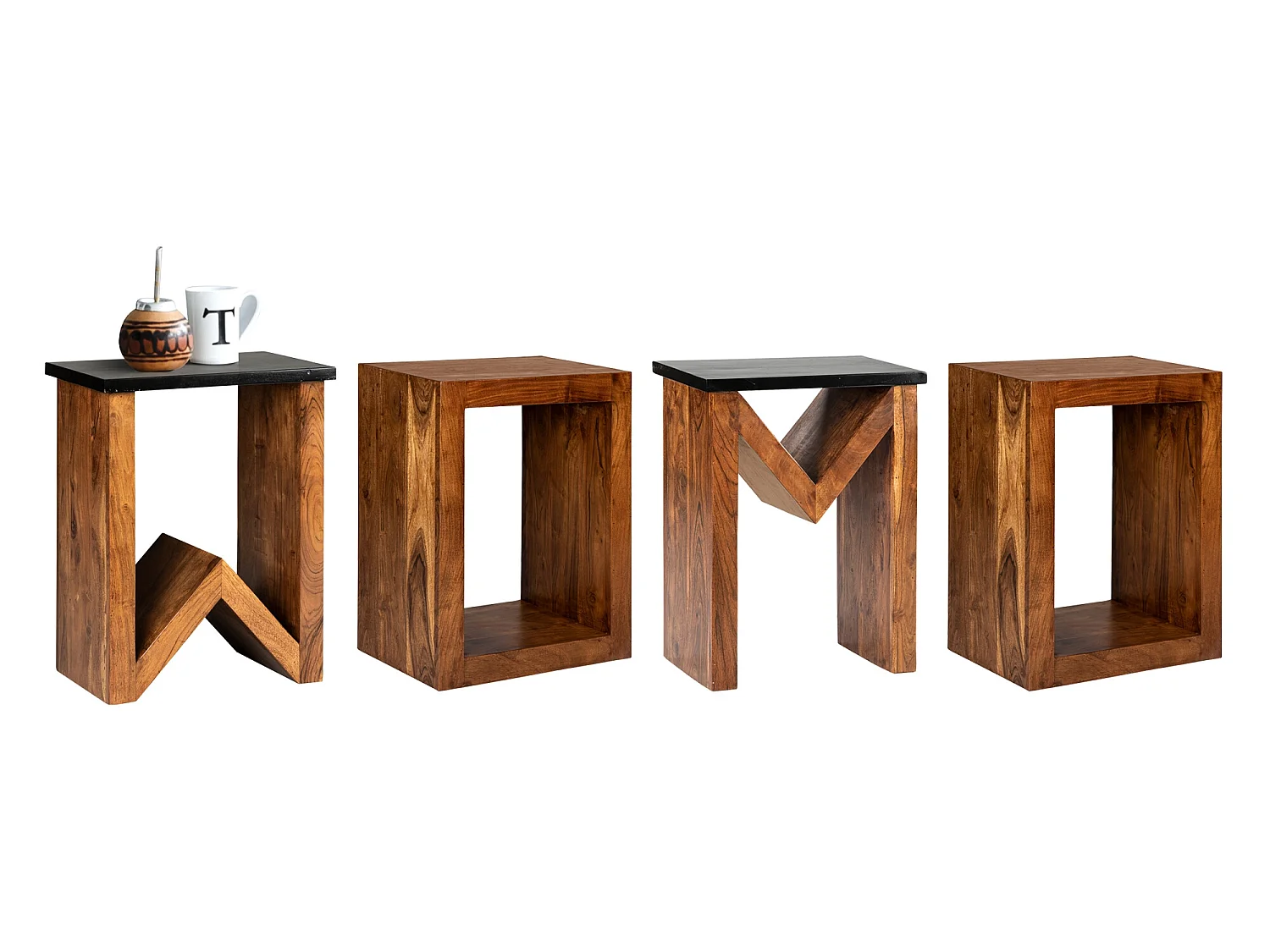 Table basse 60 cm marron en forme D en bois massif d'acacia pièce artisanale décorative style maison de campagne console chambre à dormir pour lampe