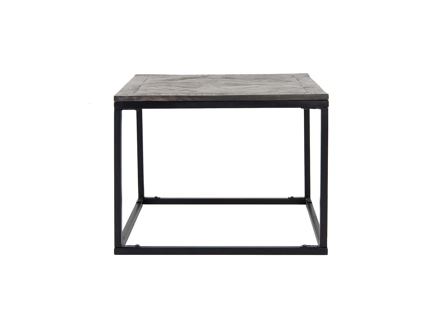 Table basse 60x60cm carré gris bois massif style parquet mosaïque structure en métal noir industriel petit meuble bas d’appoint bout de canapé