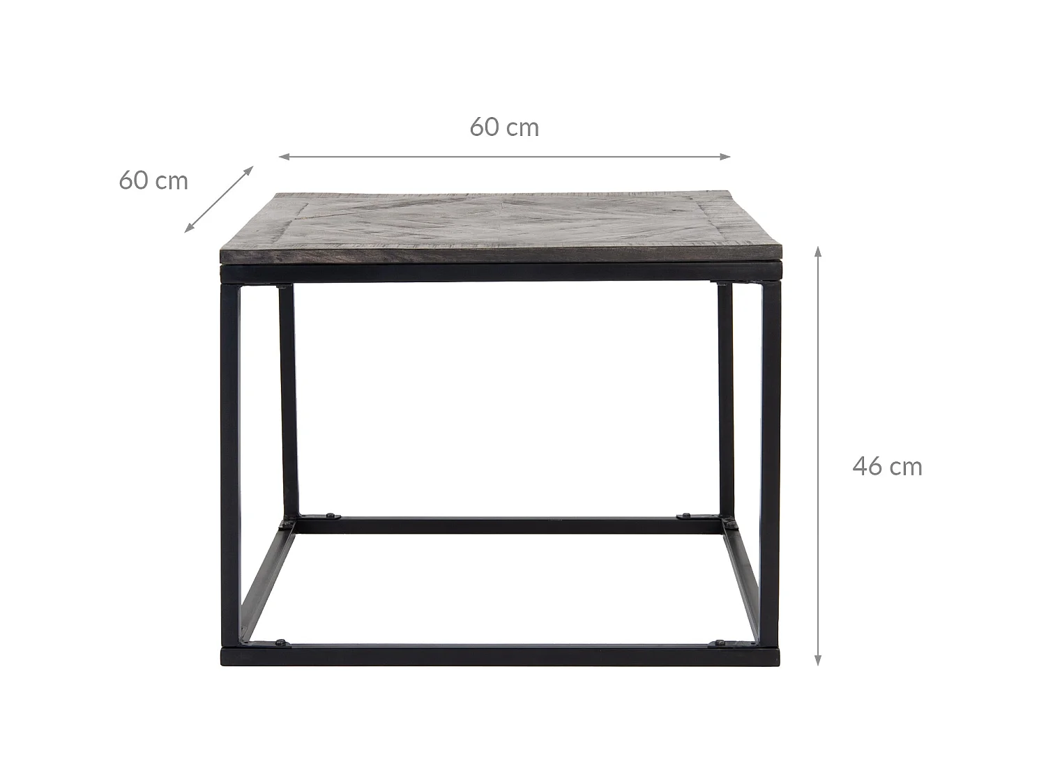 WOMO-DESIGN Mesa auxiliar de centro 60x60cm mesita de café cuadrada madera de mango con marco de metal patrón de espiga hecha a mano para salón