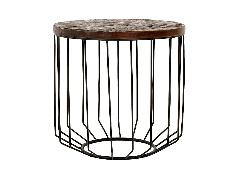 Table basse 50x50 cm ronde naturel bois recyclé massif type panier structure en métal noir minimaliste meuble bas d’appoint en osier bout de canapé