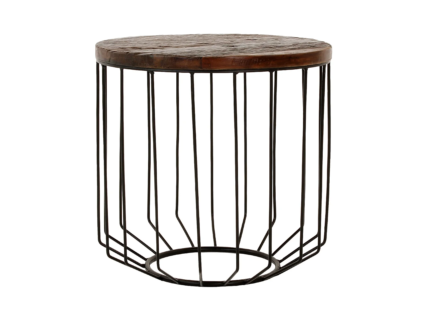 Table basse 50x50 cm ronde naturel bois recyclé massif type panier structure en métal noir minimaliste meuble bas d’appoint en osier bout de canapé