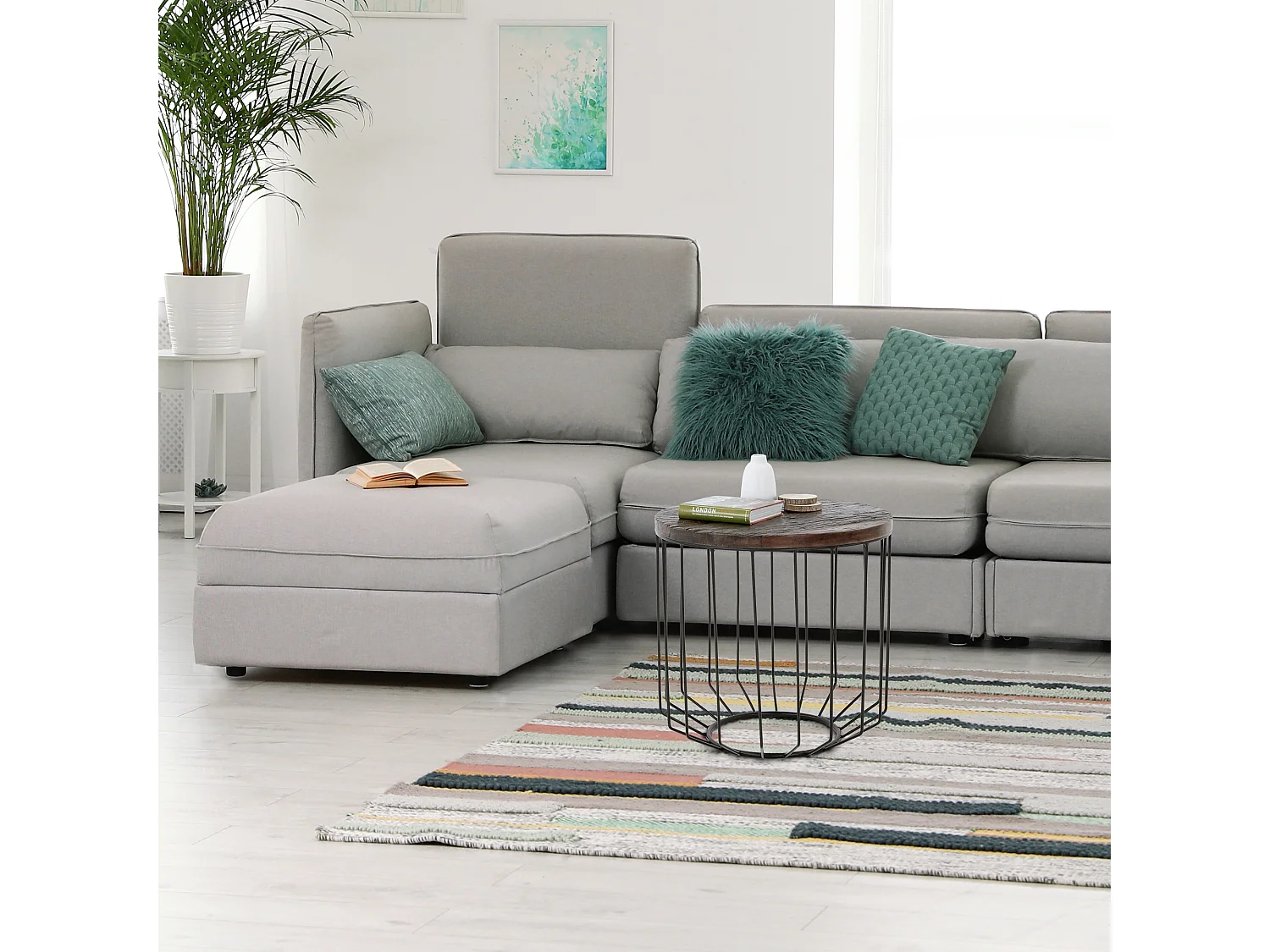 Table basse 50x50 cm ronde naturel bois recyclé massif type panier structure en métal noir minimaliste meuble bas d’appoint en osier bout de canapé