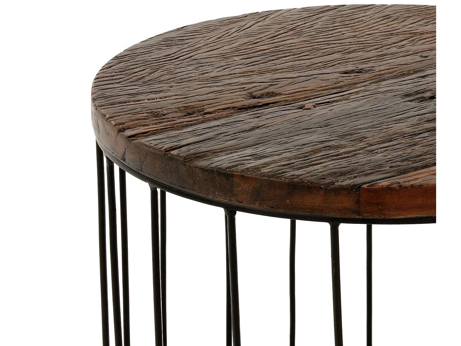 Table basse 50x50 cm ronde naturel bois recyclé massif type panier structure en métal noir minimaliste meuble bas d’appoint en osier bout de canapé