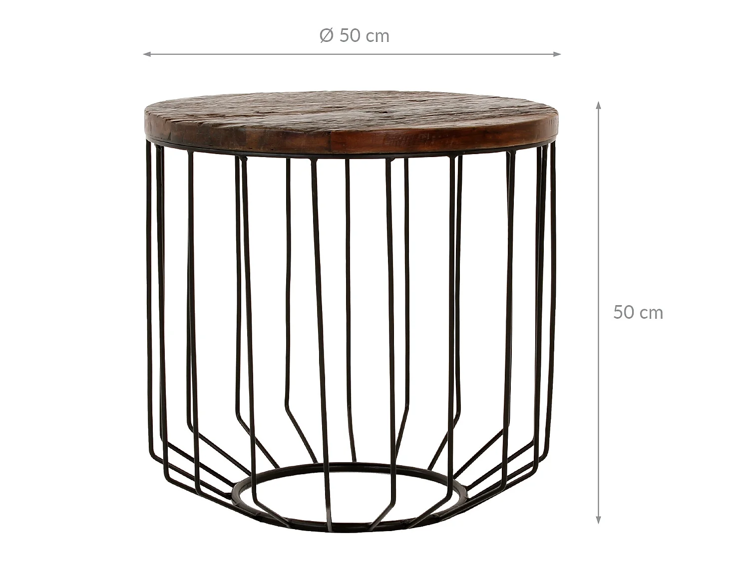 Table basse 50x50 cm ronde naturel bois recyclé massif type panier structure en métal noir minimaliste meuble bas d’appoint en osier bout de canapé