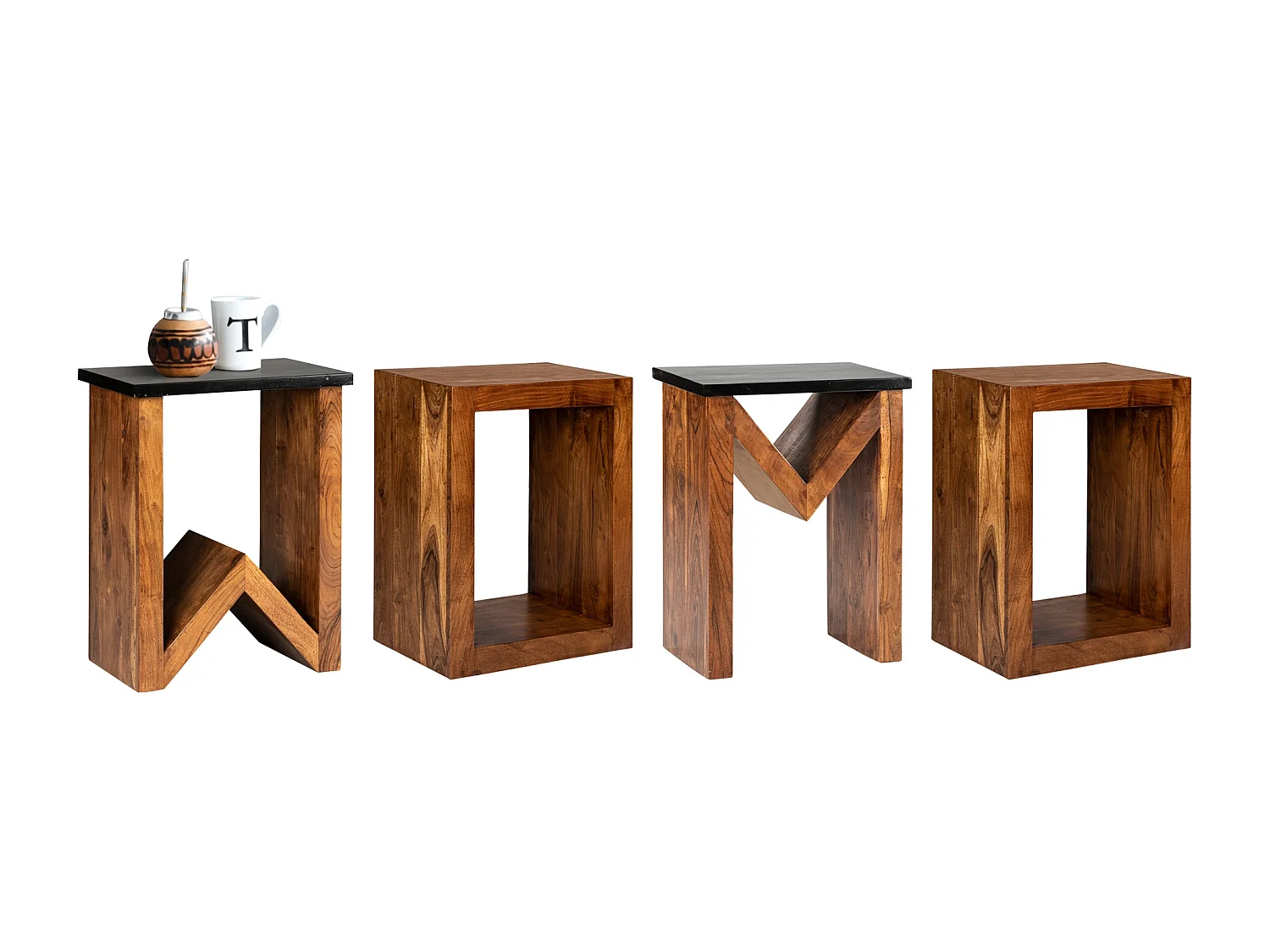 WOMO-DESIGN Tavolino laterale 45x30x60 cm in legno massiccio di acacia intagliato a mano design unico a forma di N tavolo basso da caffe per salotto