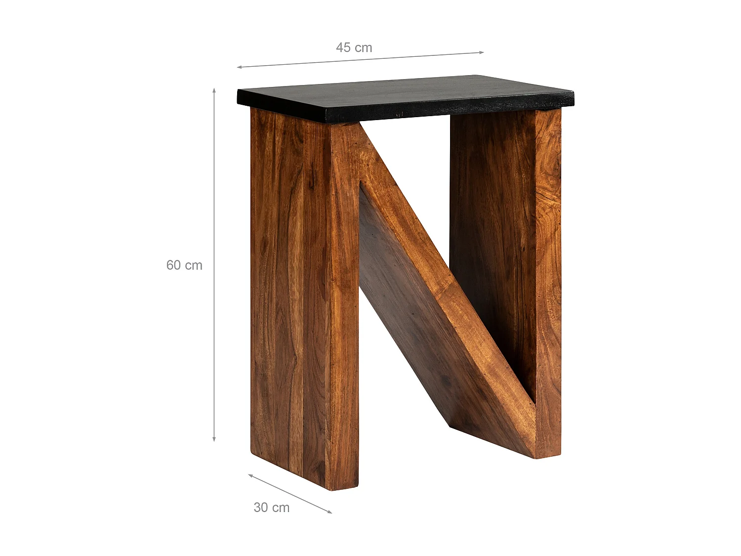 WOMO-DESIGN Tavolino laterale 45x30x60 cm in legno massiccio di acacia intagliato a mano design unico a forma di N tavolo basso da caffe per salotto