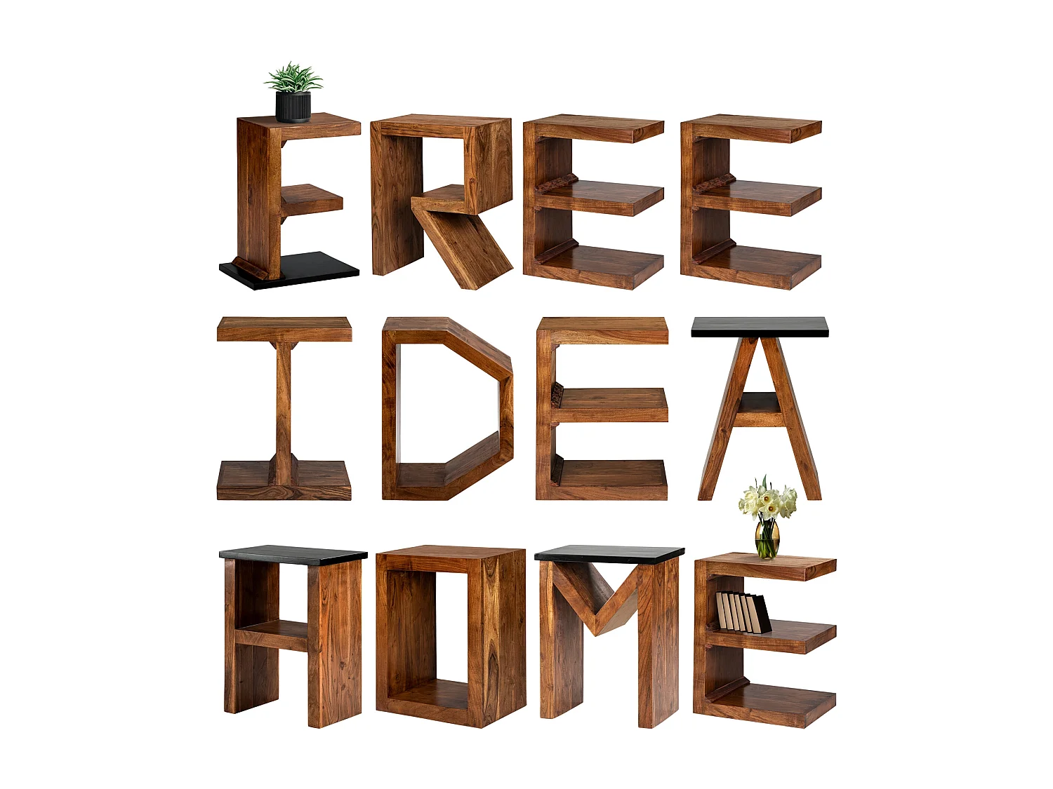 WOMO-DESIGN Tavolino laterale 45x30x60 cm in legno massiccio di acacia intagliato a mano design unico a forma di N tavolo basso da caffe per salotto