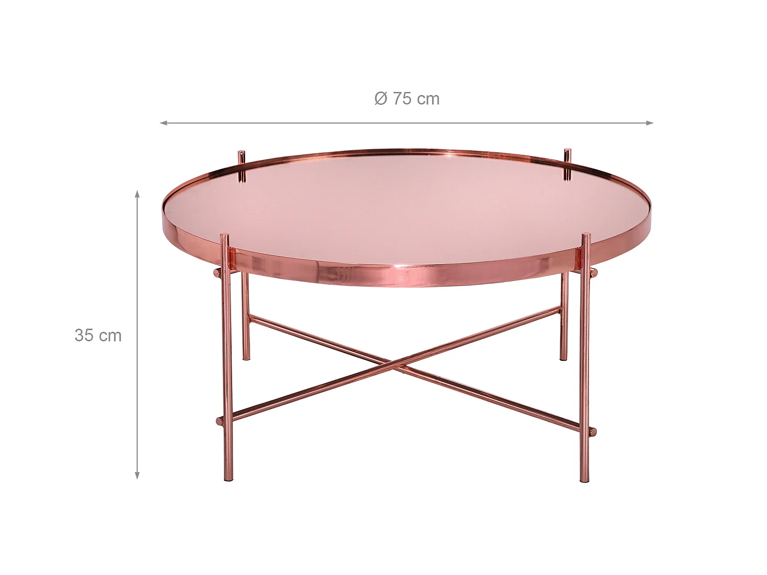 WOMO-DESIGN Mesa auxiliar lateral Tucson Ø75x35cm mesita de centro redonda de cristal y metal color cobre para salón sofá, estilo ligero y aireado