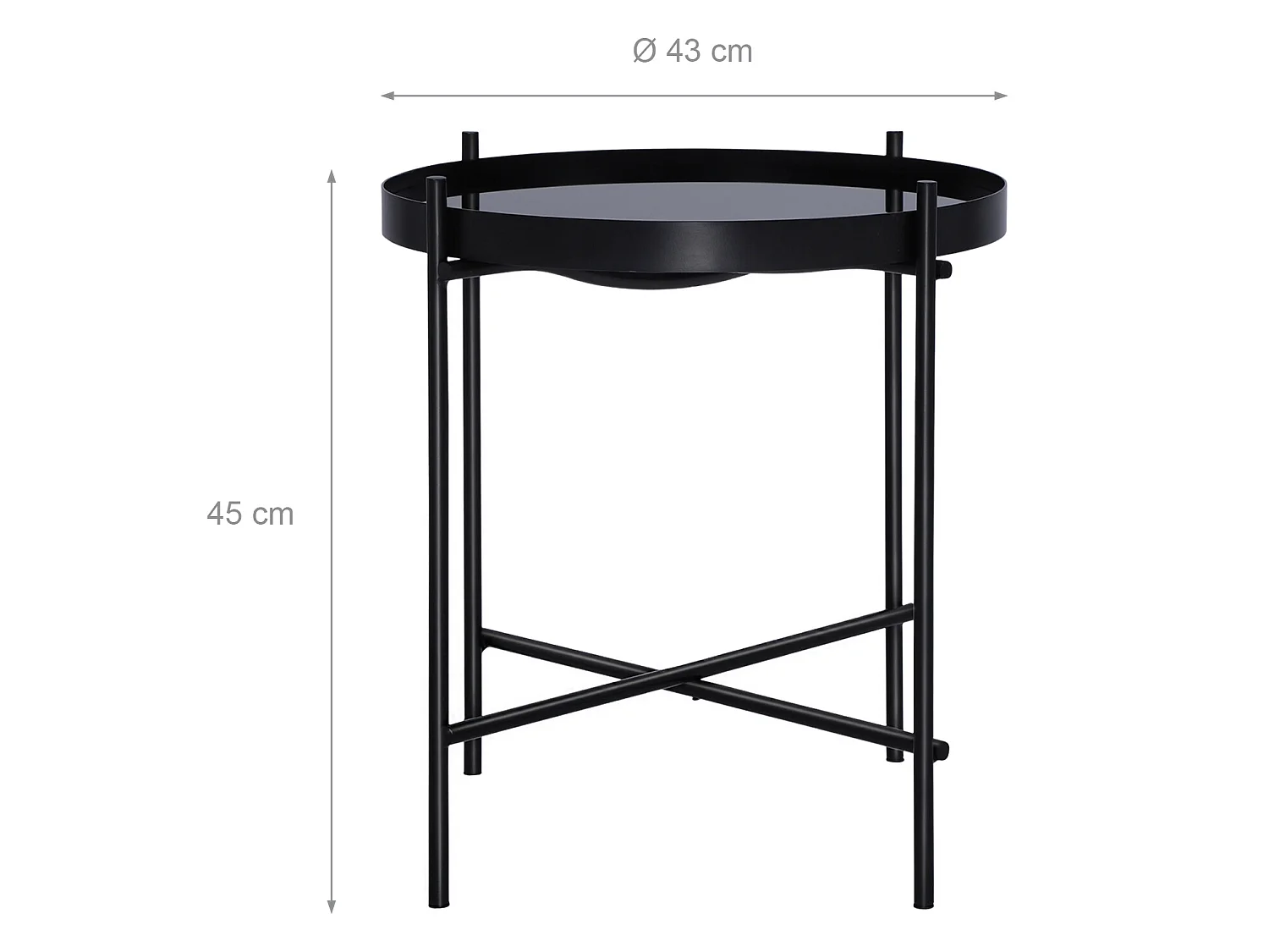 WOMO-DESIGN Mesa auxiliar lateral Houston Ø43x45cm mesita de centro redonda de cristal y metal color negro para salón sofá, estilo ligero y aireado