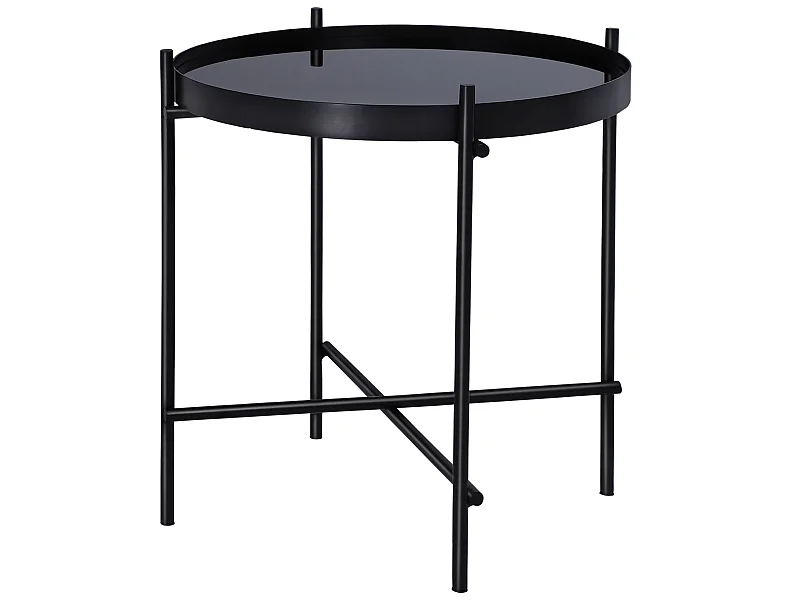 Table basse Ø 43 x 45 cm noir ronde plateau en verre structure en métal peint par poudrage design moderne bout de canapé meuble d’appoint décorative