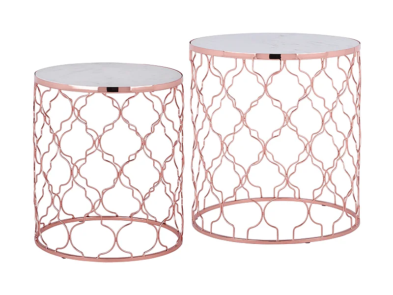 WOMO-DESIGN Set Phoenix 2x Mesa auxiliar lateral Ø40/45 cm mesita de centro redonda de mármol blanco y metal cobre para salón, estilo ligero y aireado