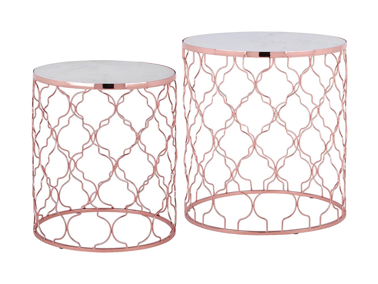 WOMO-DESIGN Set Phoenix 2x Mesa auxiliar lateral Ø40/45 cm mesita de centro redonda de mármol blanco y metal cobre para salón, estilo ligero y aireado