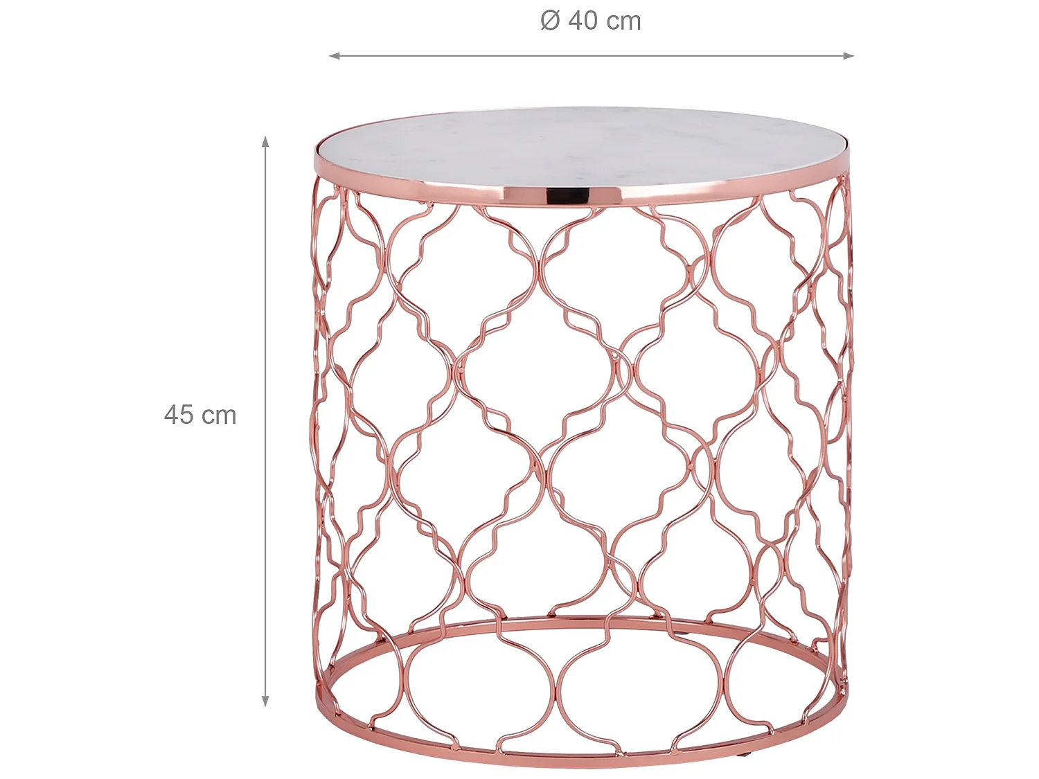 WOMO-DESIGN Set Phoenix 2x Mesa auxiliar lateral Ø40/45 cm mesita de centro redonda de mármol blanco y metal cobre para salón, estilo ligero y aireado