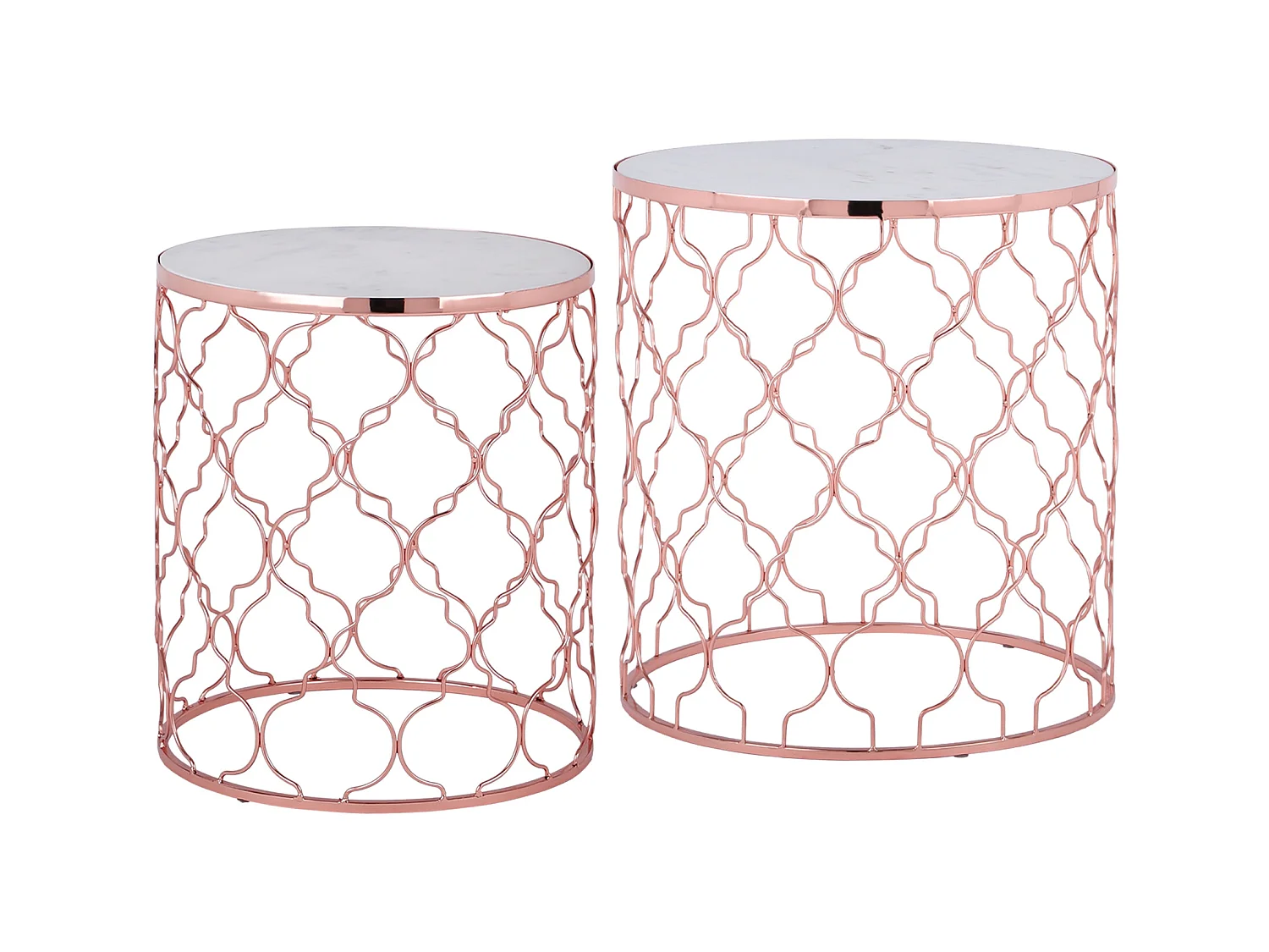 Set 2x Table basse Ø 40 Ø 45 cm structure ronde en cuivre plateau en marbre blanc de banswara pièce artisanale bout de canapé à café meuble d’appoint