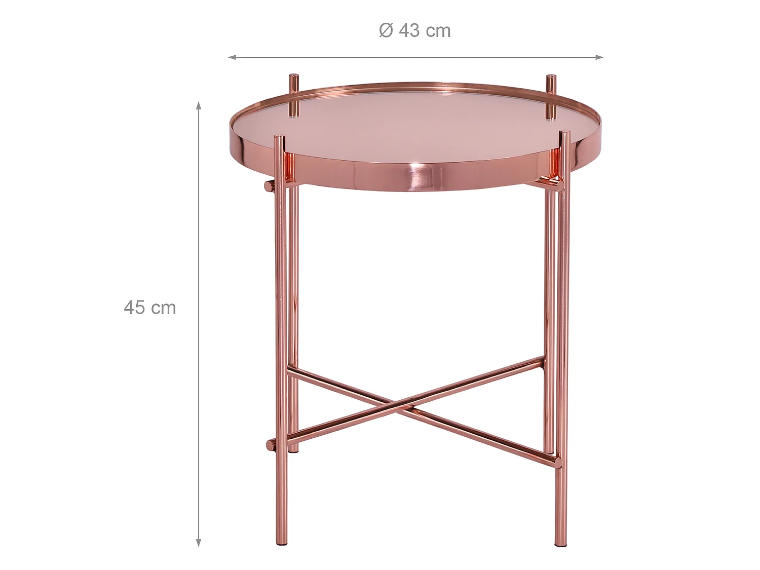 WOMO-DESIGN Tavolino basso da caffe Ø 43x45 cm colore rame, rotondo, in metallo, con piano in vetro, stile moderno, tavolo laterale per soggiorno